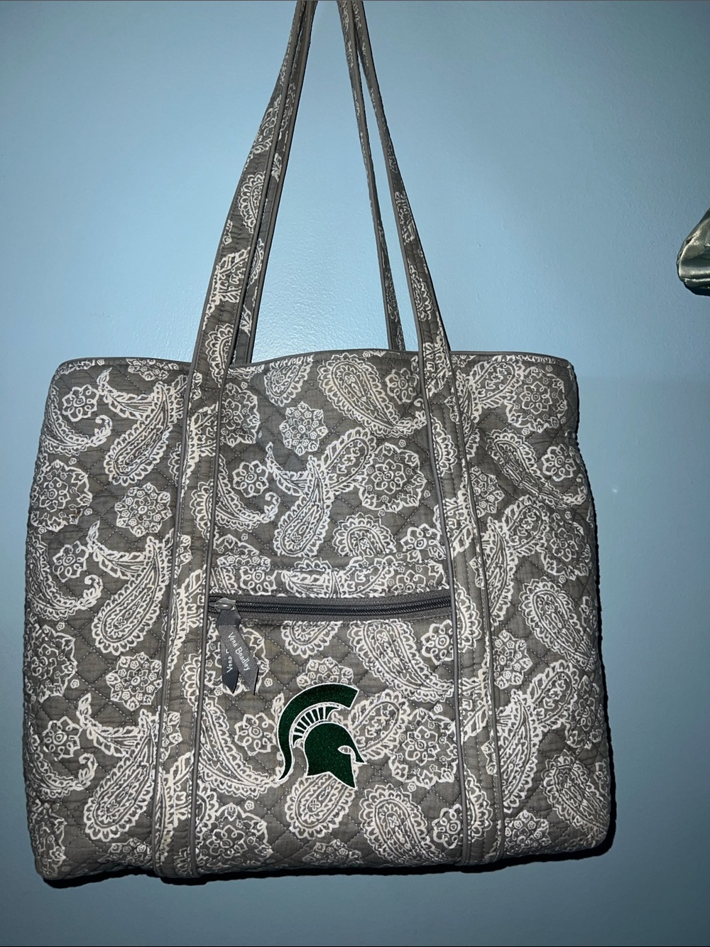 Vera Bradley Tote Bag Gray Paisley Quilted with Green Spartan Logo